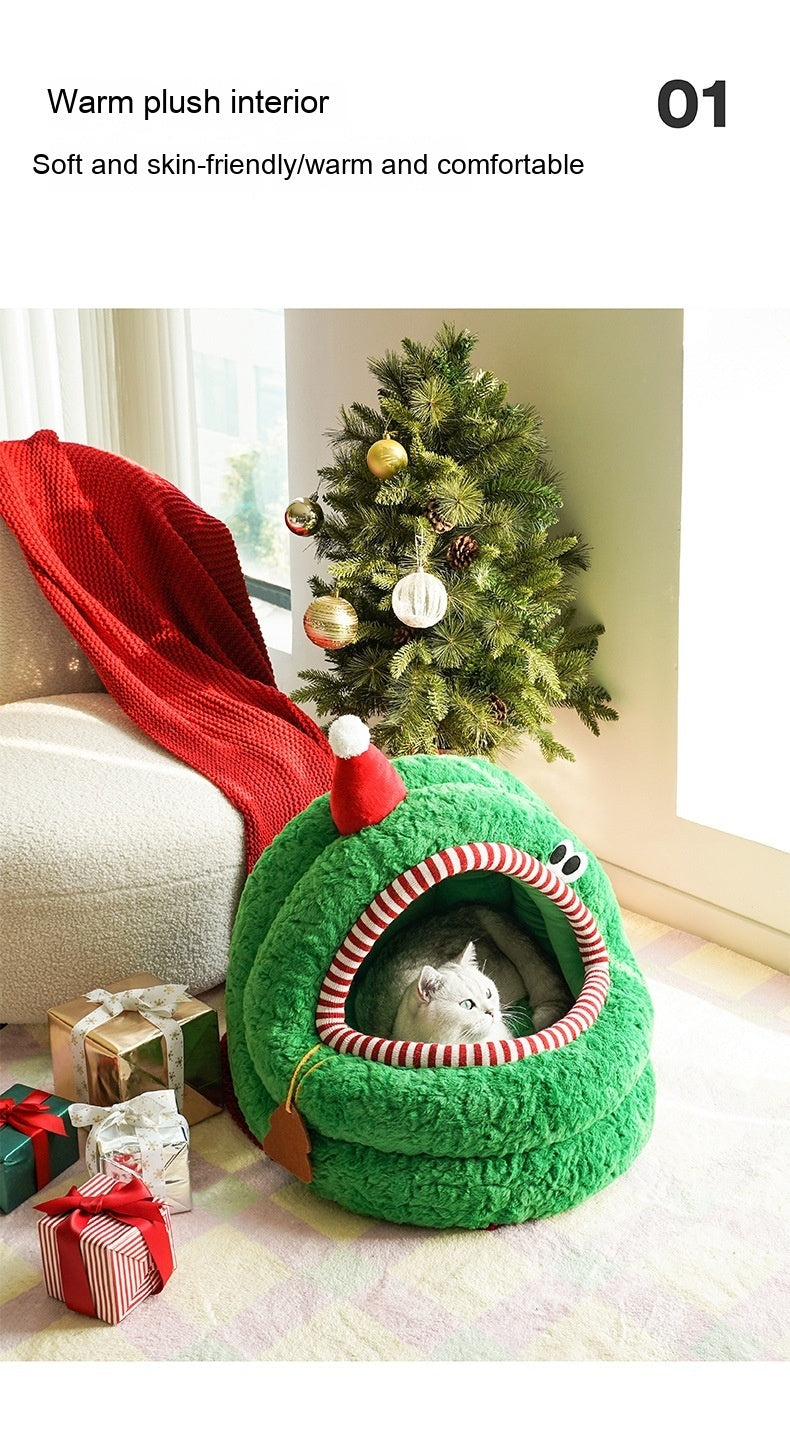 Christmas Green Furry Yurt Cat Nest Semi-closed And Removable Washing