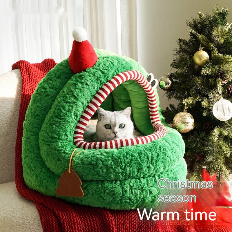 Christmas Green Furry Yurt Cat Nest Semi-closed And Removable Washing