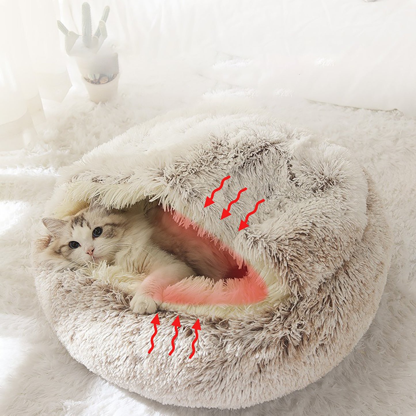 Luxurious Plush Round Cat Bed Cat Bed Round Soft Plush Burrowing Cave Hooded Cat Bed Donut For Dogs Cats - Semi-Enclosed For Cozy Warmth, Easy-Clean Durable Design, Ideal For Winter Comfort