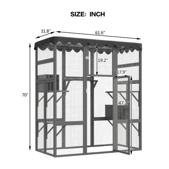 Outdoor Cat House Big Catio Wooden Feral Cat Shelter Enclosure With Large Spacious Interior, 6 High Ledges, Weather Protection Asphalt Roof