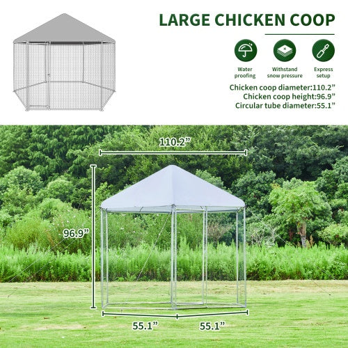 Large Metal Chicken Coop Hexagonal, Steel Wire Dipped Plastic Mesh, Oxford Cloth Silver Plated Waterproof And UV Resistant, Ducks, Rabbits, Sheep And Birds Outdoor House. 9.2 X8.1ft