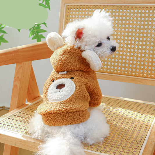Small dog wearing a brown bear costume sitting on a wicker chair.