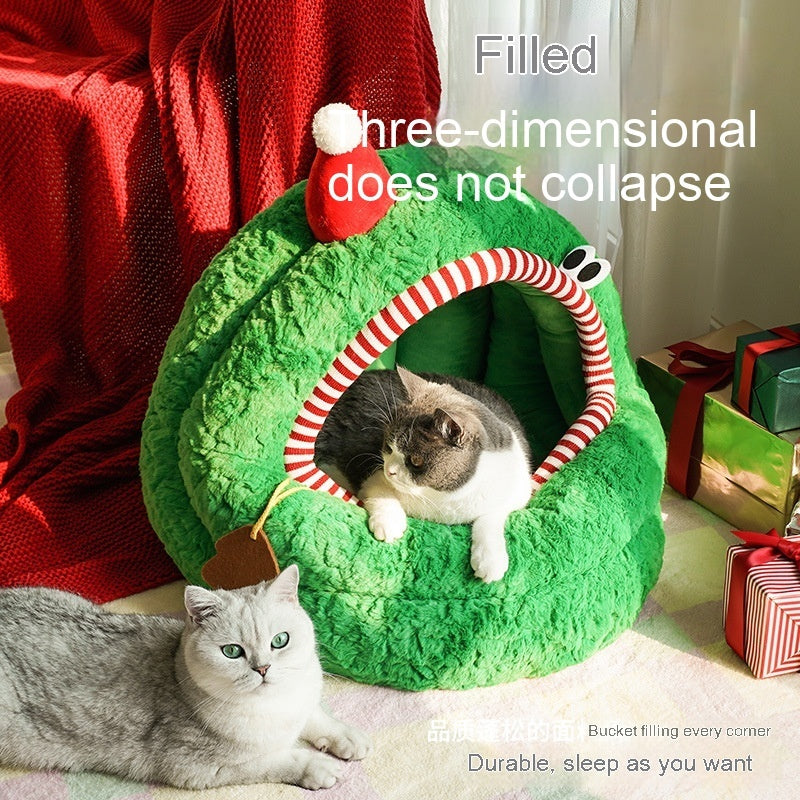 Christmas Green Furry Yurt Cat Nest Semi-closed And Removable Washing