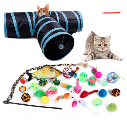 Cat toy set with a tunnel and various toys on a white background