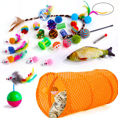 A set of cat toys including a plush tube tunnel and various plush balls with catnip, feathers, and bell attachments.